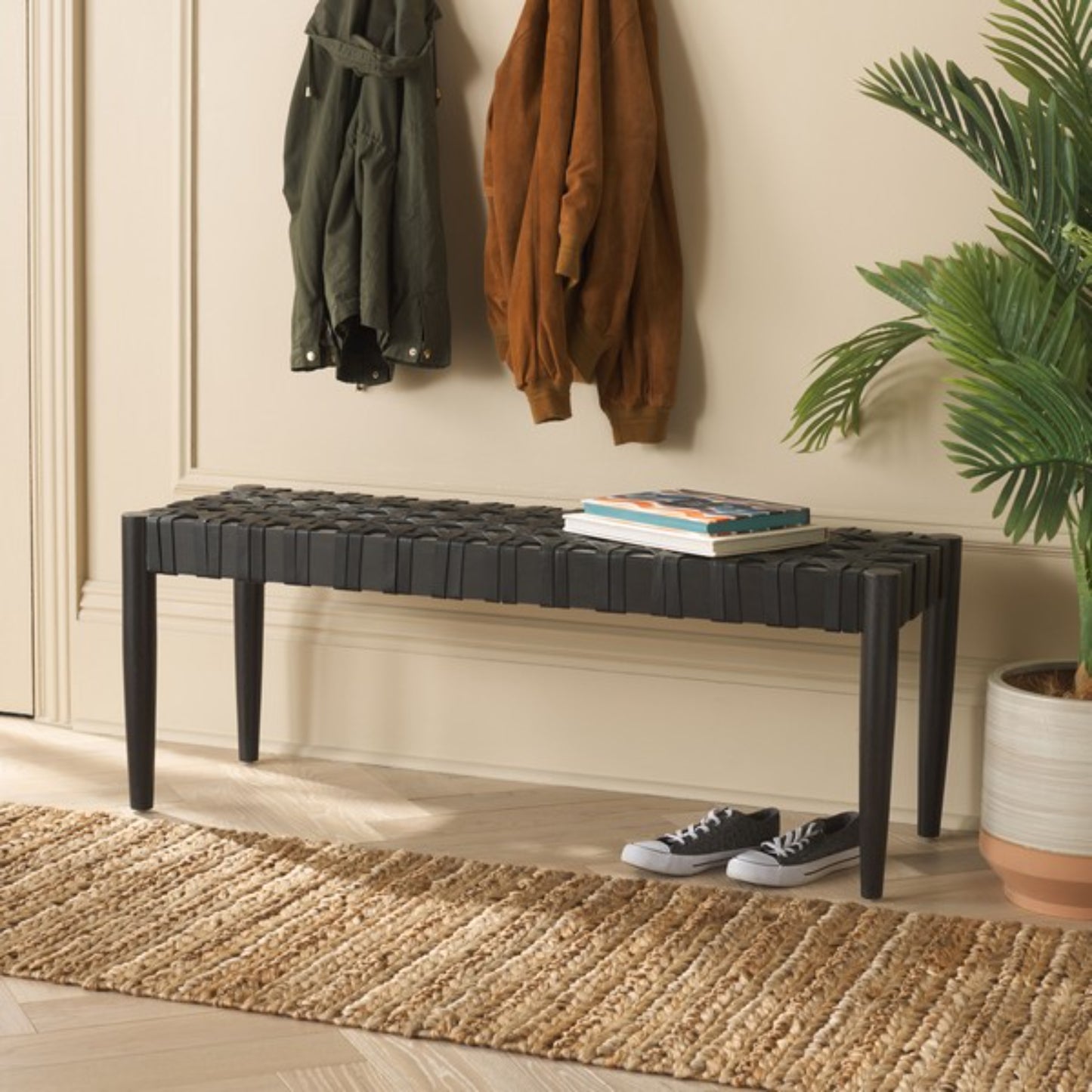 Walda Leather Woven Bench