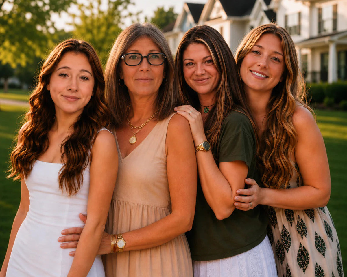 Four women standing together outdoors with a house in the background