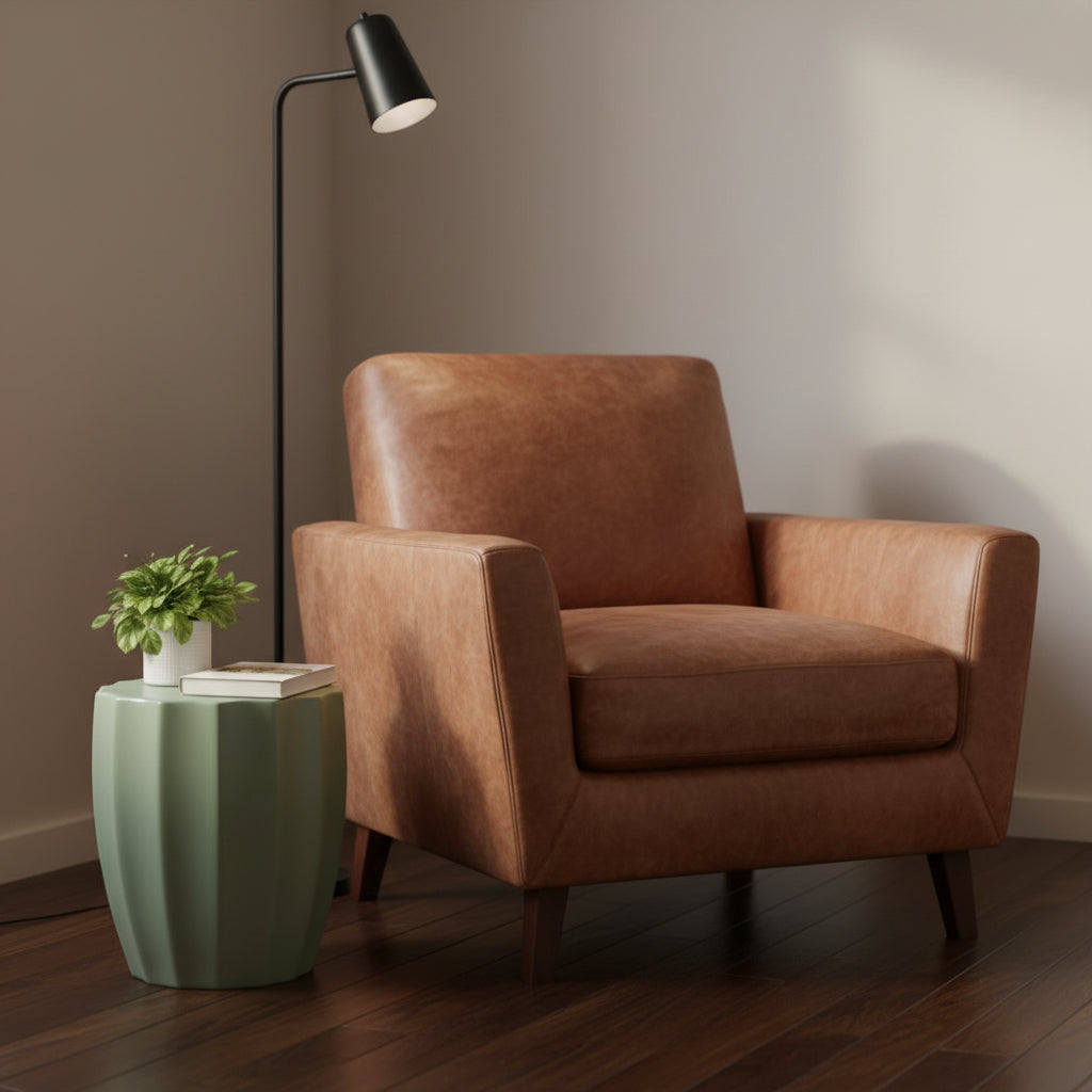 Green side table with a plant on a wooden chair in a room with a window.