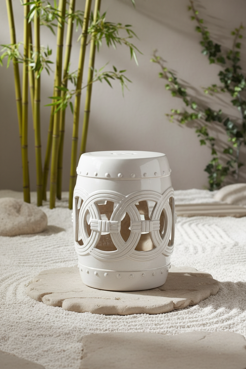 Antique White Double Coin Ceramic Stool - Outdoor Lifestyle